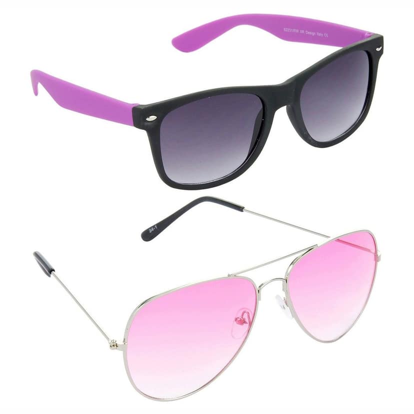 HRINKAR Men Women Boys & Girls Pilot & Rectangular Sunglasses Violet & Silver Frame, Grey & Pink Lens (Medium) Pack of - 2
