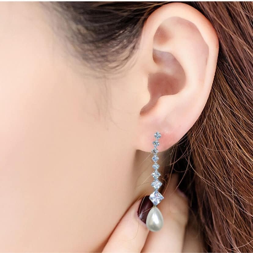 Jewelryklub American Diamond Long Earrings With Pearl Stone For Girls Women view 5