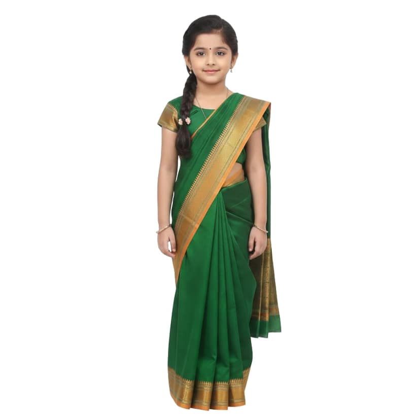 Mom and Me Ready-to-Wear Girls Ethnic Belgaon Silk Saree | Golden Zari Border | Fancy Dress for Kids