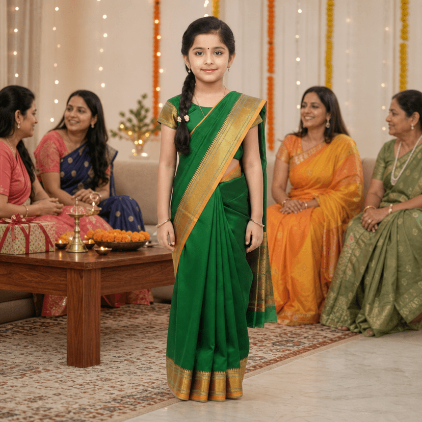 Mom and Me Ready-to-Wear Girls Ethnic Belgaon Silk Saree | Golden Zari Border | Fancy Dress for Kids view 3