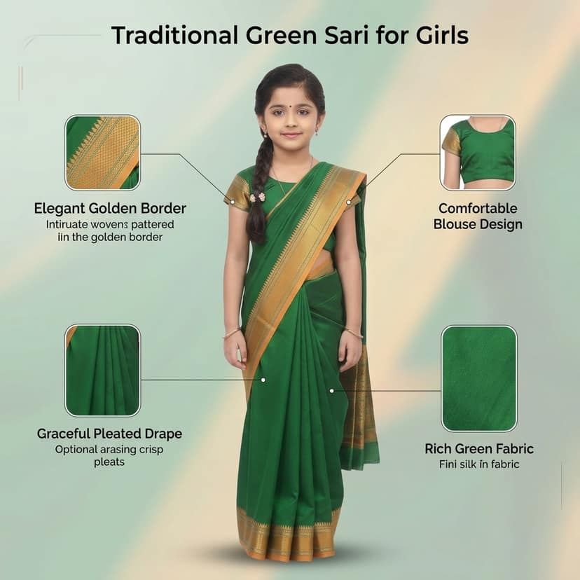 Mom and Me Ready-to-Wear Girls Ethnic Belgaon Silk Saree | Golden Zari Border | Fancy Dress for Kids view 4