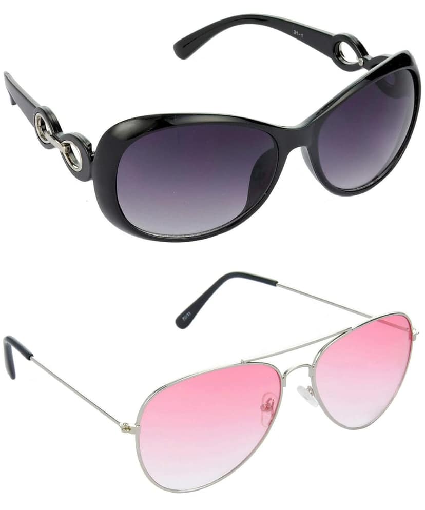 HRINKAR Men Over-sized Sunglasses Black & Silver Frame, Grey & Red Lens (Medium) - Pack of 2
