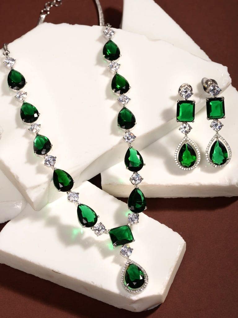 Silver Toned Green AD studfded designer Necklace Jewellery Set view 2