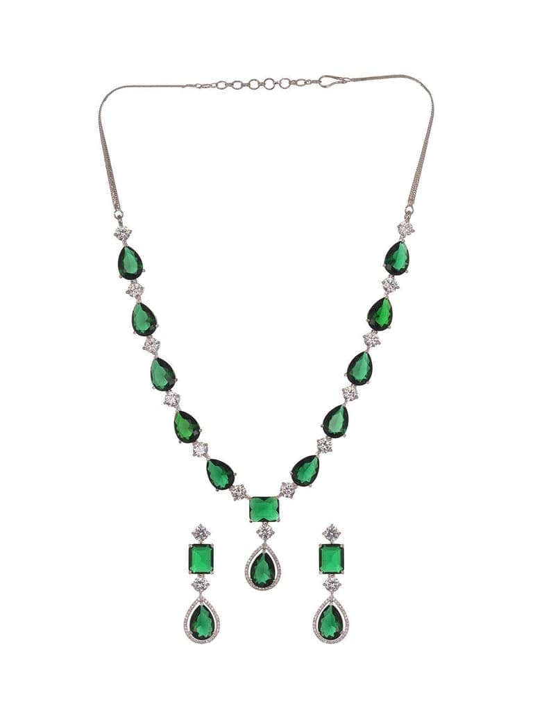 Silver Toned Green AD studfded designer Necklace Jewellery Set view 3