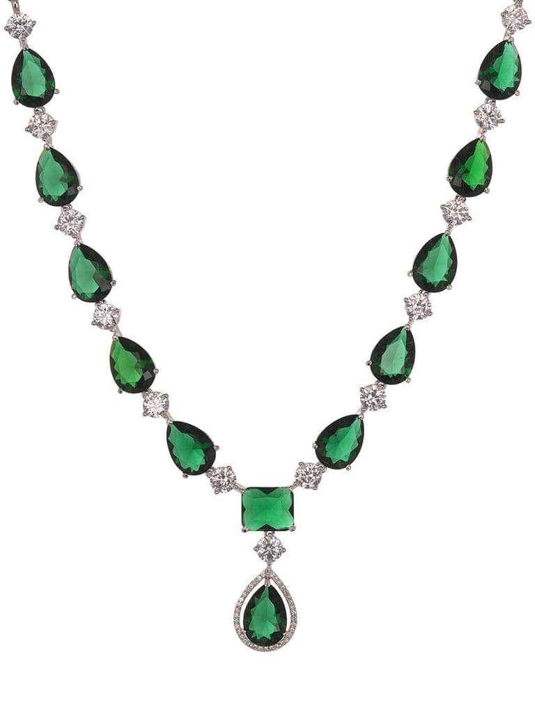Silver Toned Green AD studfded designer Necklace Jewellery Set view 4