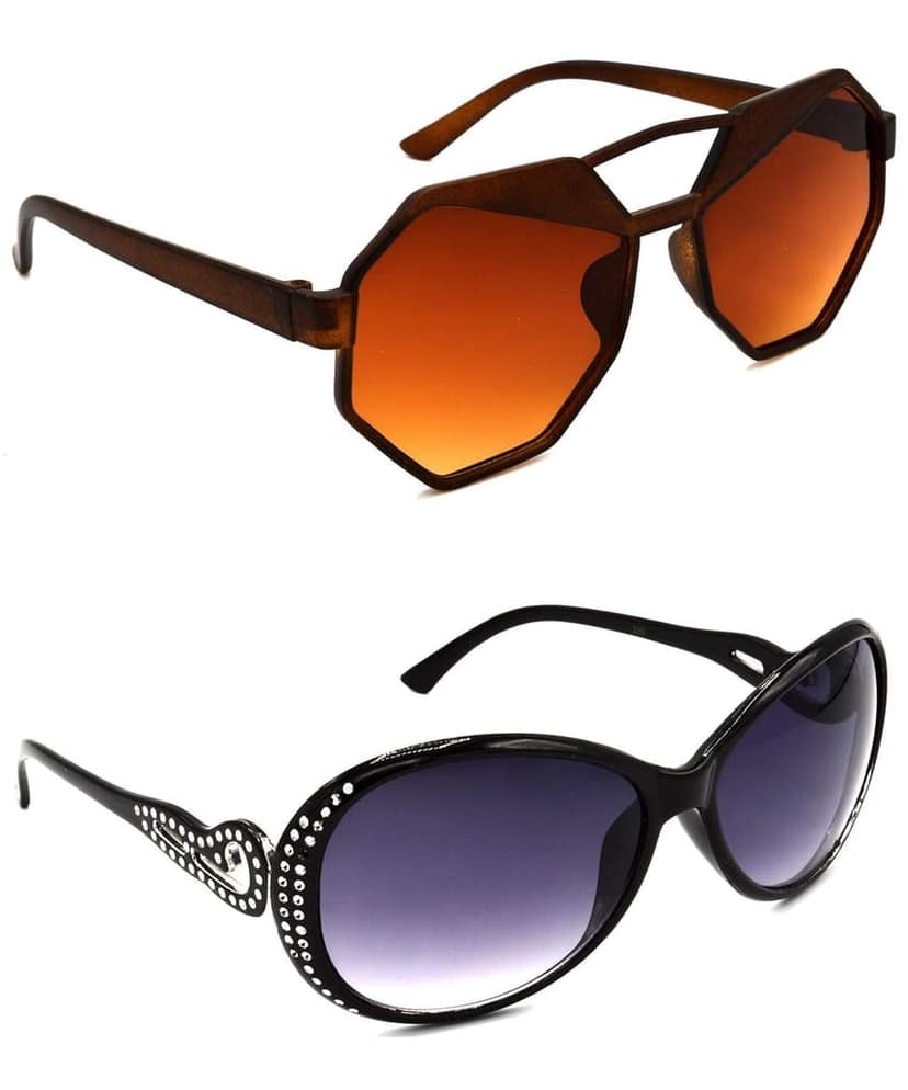 Hrinkar Unisex Round Sunglasses Brown & Silver Frame, Brown & Grey Lens (Medium) - Pack of 2