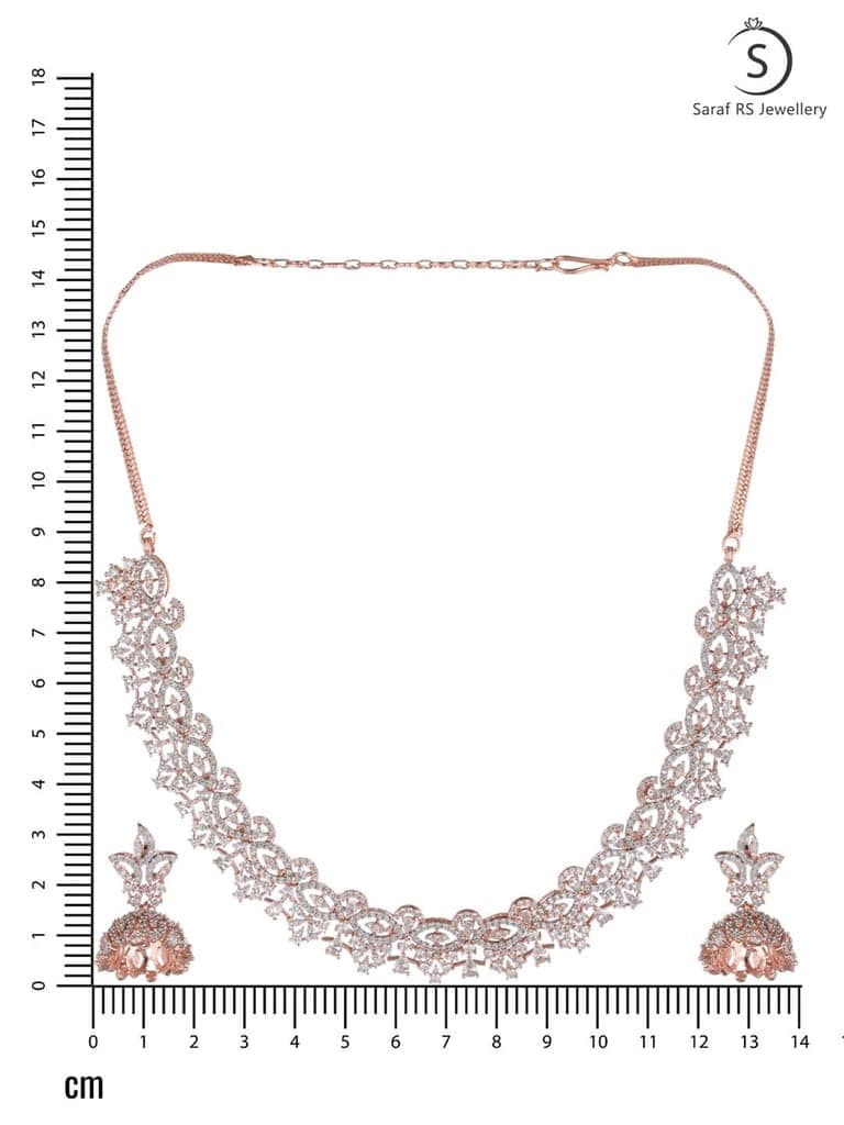 Rose Gold Plated White AD Studded Necklace Jhumka Jewellery Set view 10