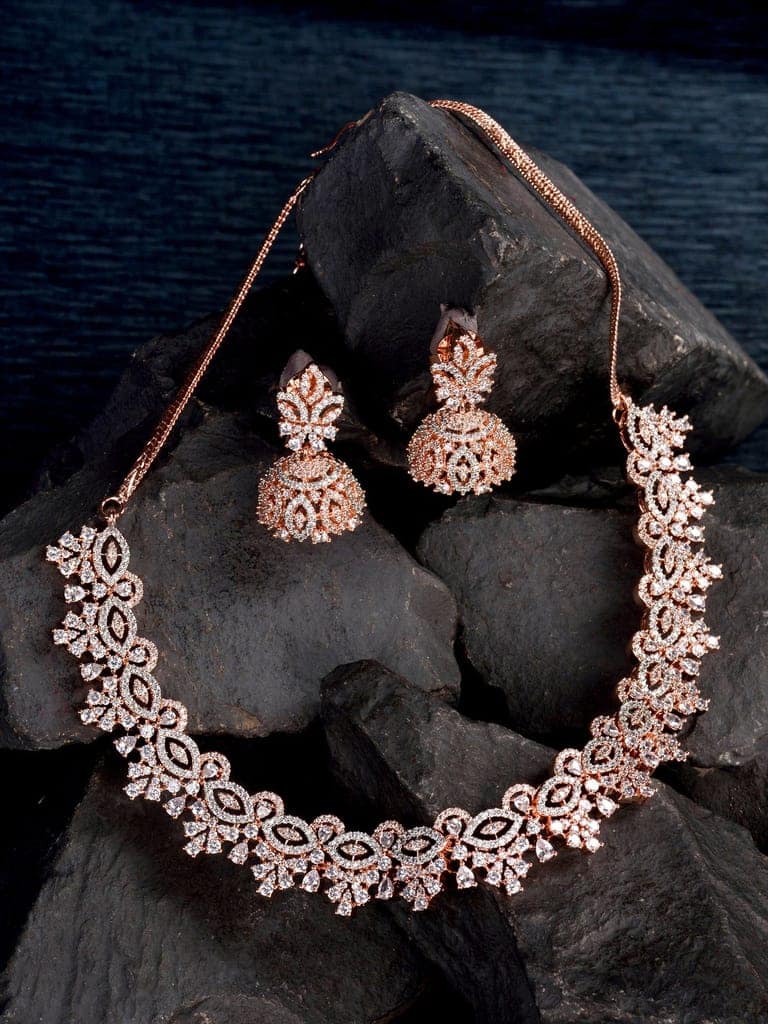 Rose Gold Plated White AD Studded Necklace Jhumka Jewellery Set view 2