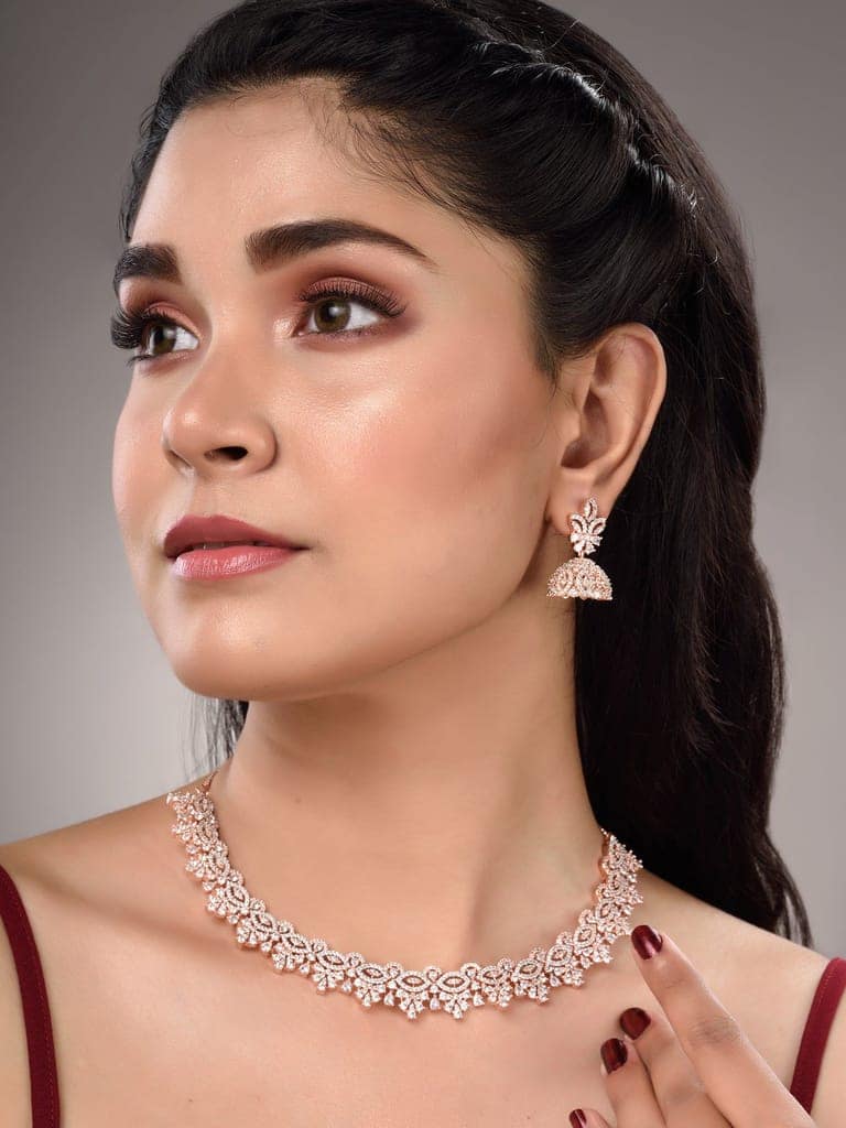 Rose Gold Plated White AD Studded Necklace Jhumka Jewellery Set view 3