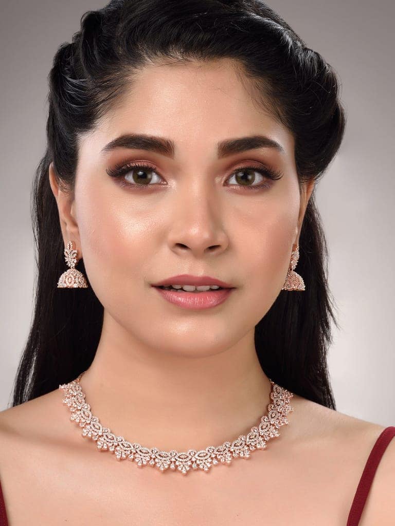 Rose Gold Plated White AD Studded Necklace Jhumka Jewellery Set view 4