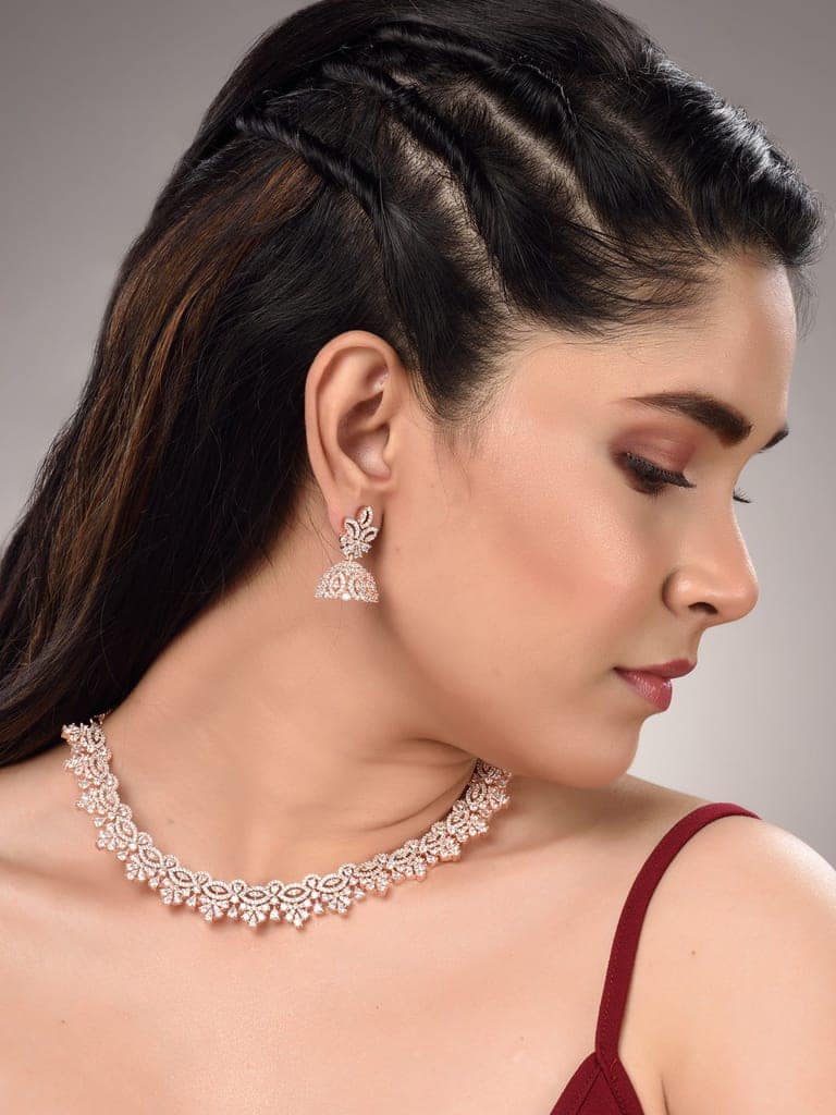 Rose Gold Plated White AD Studded Necklace Jhumka Jewellery Set view 5