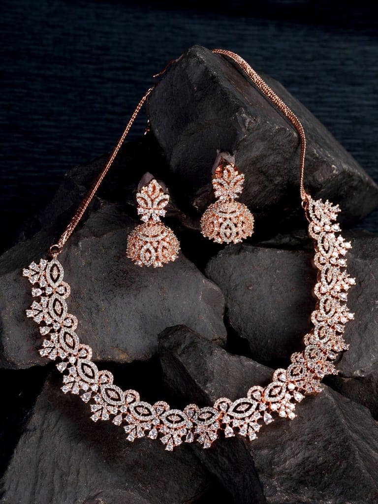 Rose Gold Plated White AD Studded Necklace Jhumka Jewellery Set view 6