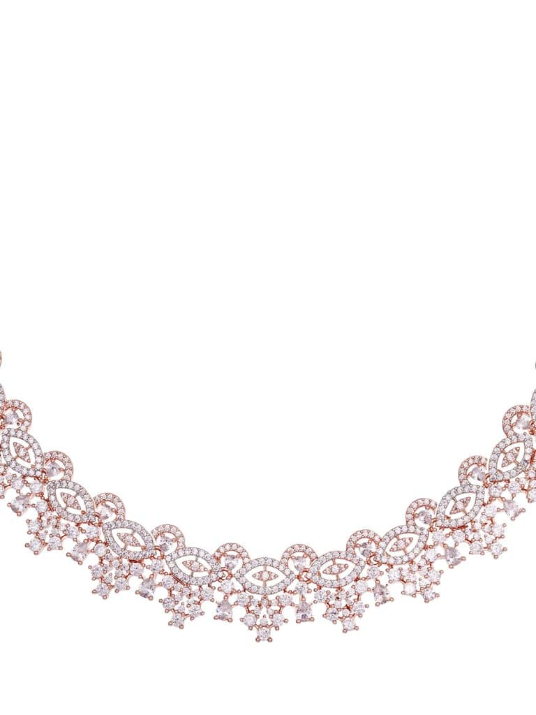 Rose Gold Plated White AD Studded Necklace Jhumka Jewellery Set view 7