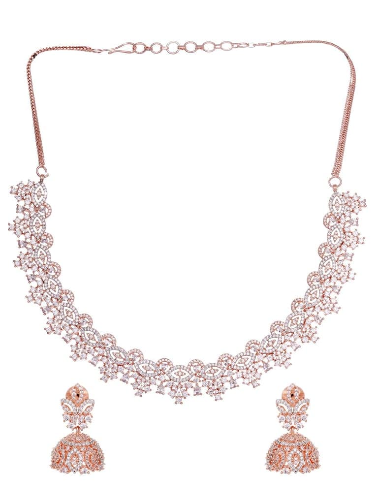 Rose Gold Plated White AD Studded Necklace Jhumka Jewellery Set view 8