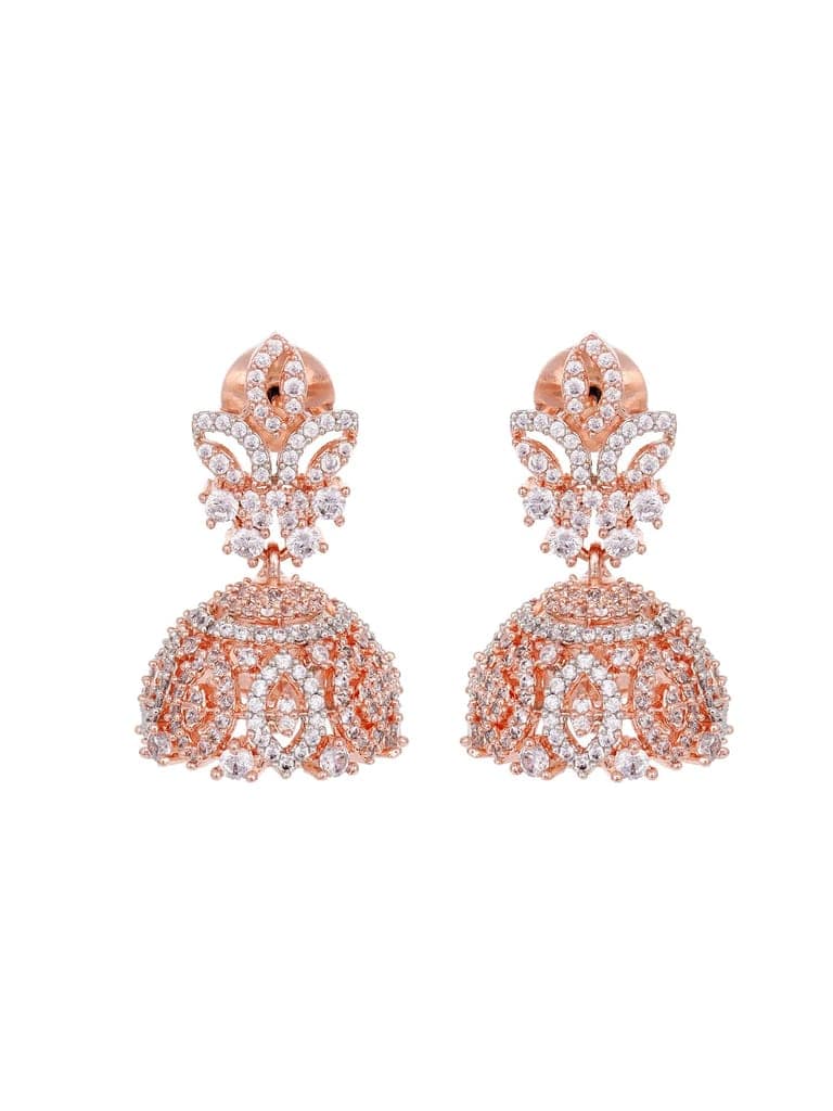 Rose Gold Plated White AD Studded Necklace Jhumka Jewellery Set view 9
