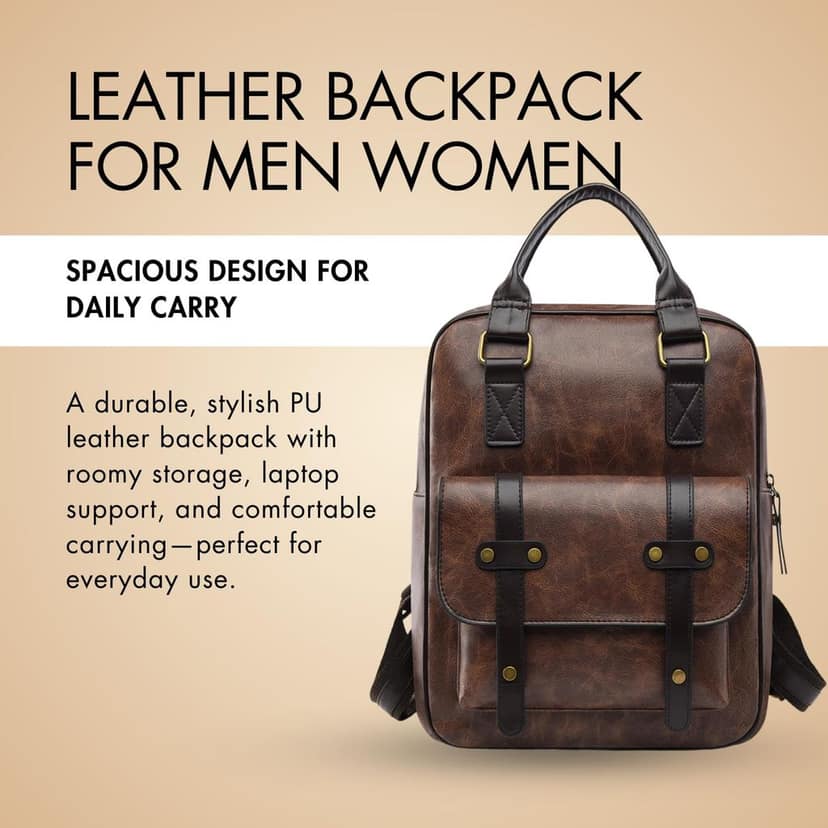 MOCA Leather Backpack for Men Women Vintage PU Laptop Bag Travel Office Use with Front Pocket Adjustable Straps Top Handles Spacious Design for Daily Carry view 2