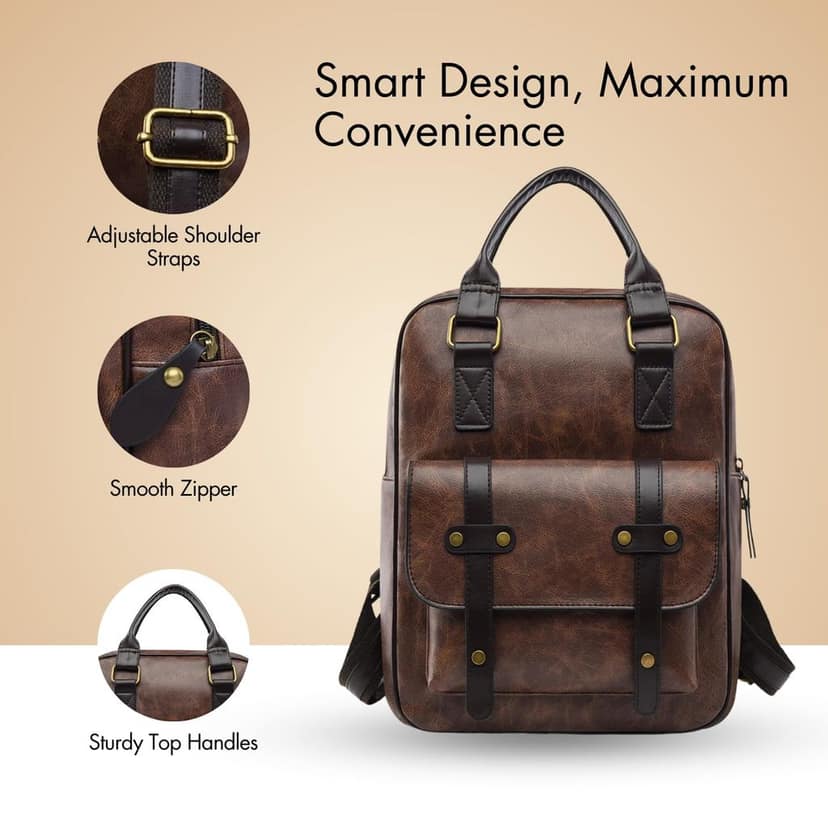 MOCA Leather Backpack for Men Women Vintage PU Laptop Bag Travel Office Use with Front Pocket Adjustable Straps Top Handles Spacious Design for Daily Carry view 3