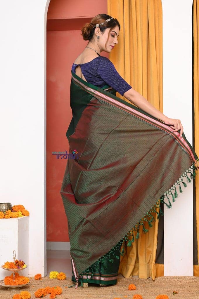 HANDWOVEN! Traditional Khun Cotton Silk Authentic Saree, Dark Green With Red Border view 3