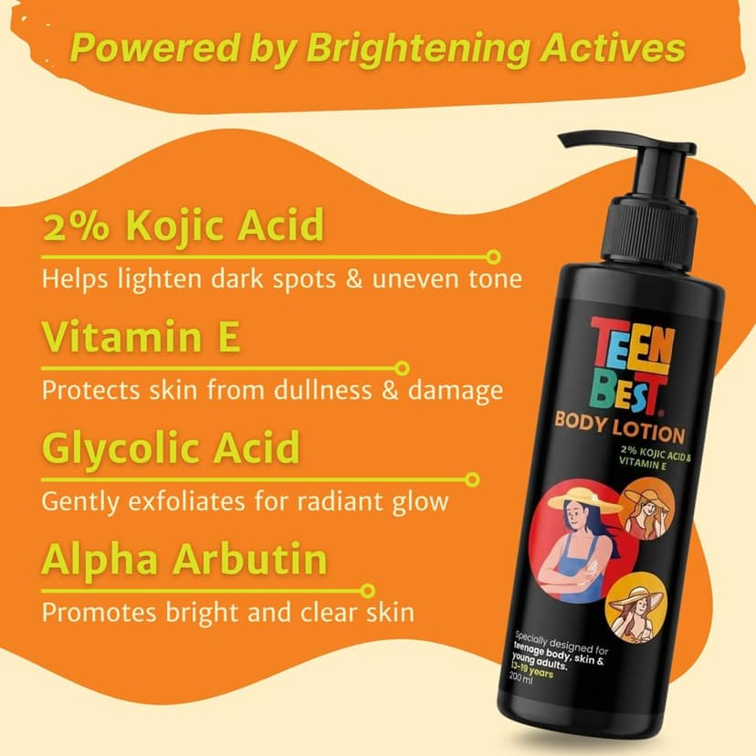 Healthbest Teens Body Lotion with Kojic Acid & Vitamin E - 200ml Lightweight Hydrating Moisturizer for Growing Skin for Boys & Girls Ages 13-19 view 3