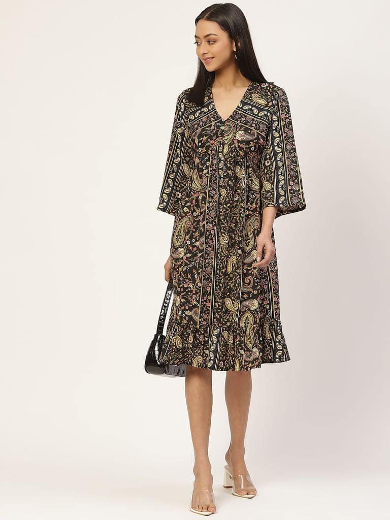 Multicoloured Ethnic Motifs Crepe A-Line Dress view 5
