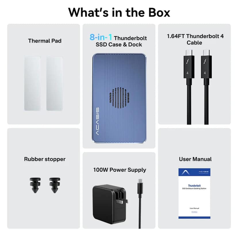 ACASIS 8-in-1 40Gbps M.2 NVMe Thunderbolt 3/4 SSD Enclosure & Dock, Single 8K or Dual 4K60Hz, 1*40Gbps, with 100W PD Adaptor, Cooling Fan, for M1/M2 view 8