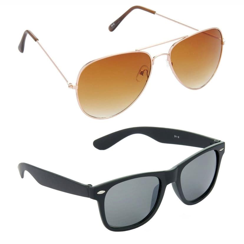 HRINKAR Men Women Boys & Girls Pilot & Rectangular Sunglasses Golden & Black Frame, Brown & Black Lens (Medium) Pack of - 2
