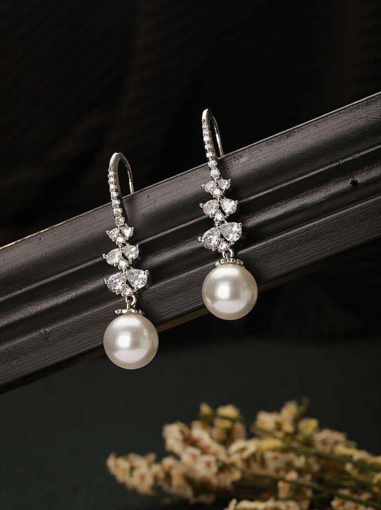 Silver Plated AD Studded Delicate Pearl Hook Earrings view 2