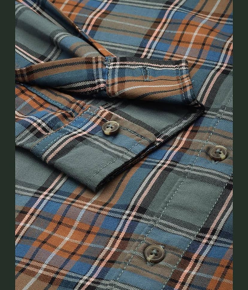 The Indian Garage Co. 100% Cotton Regular Fit Checks Full Sleeves Men's Casual Shirt - Teal ( Pack of 1 ) view 3