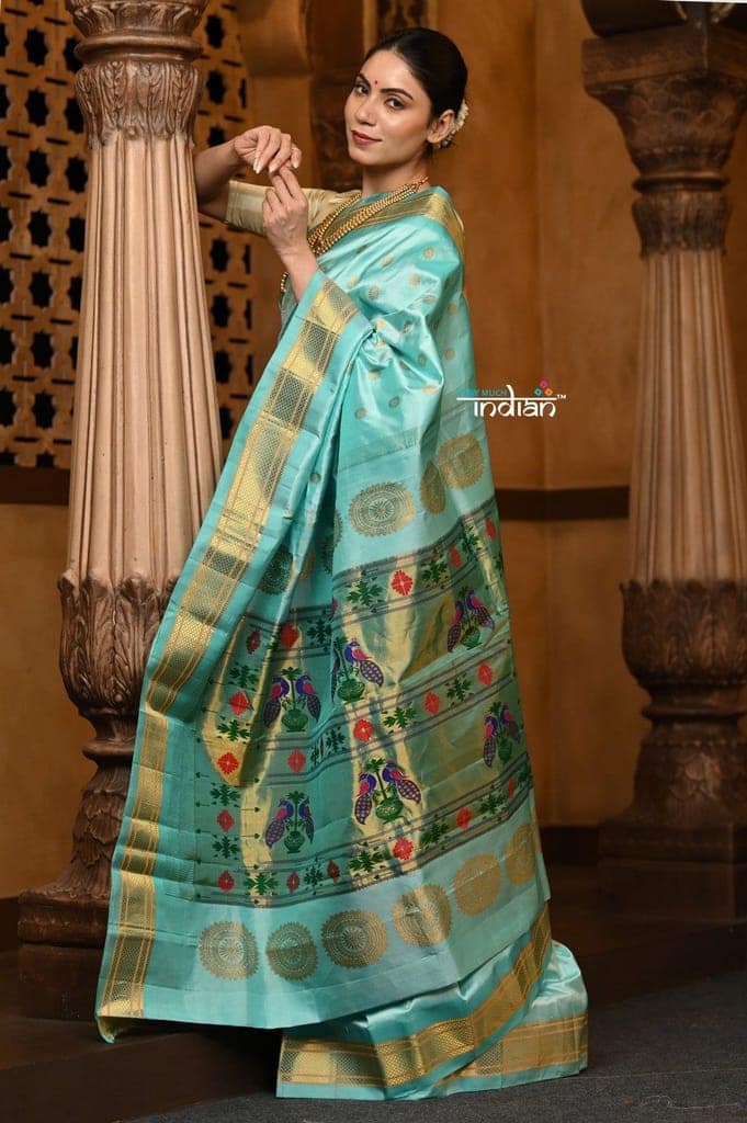 Parampara Revival ~ Handloom Pure Silk Maharani Paithani with Majestic Maharani Pallu in Sea Green view 2