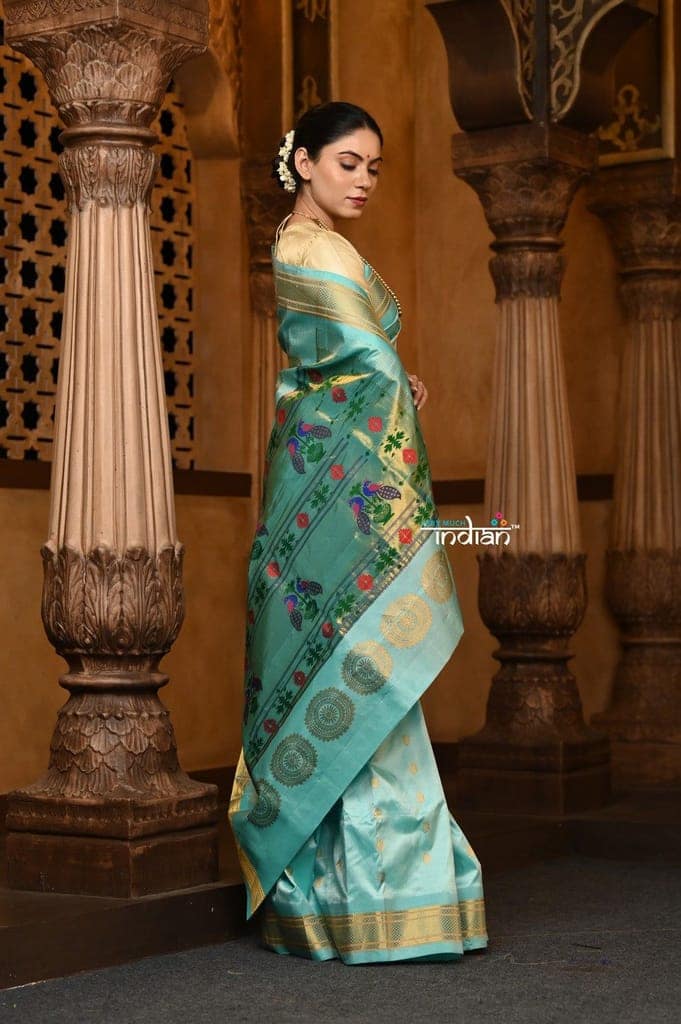 Parampara Revival ~ Handloom Pure Silk Maharani Paithani with Majestic Maharani Pallu in Sea Green view 3