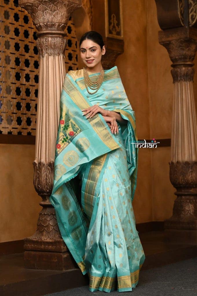 Parampara Revival ~ Handloom Pure Silk Maharani Paithani with Majestic Maharani Pallu in Sea Green view 4