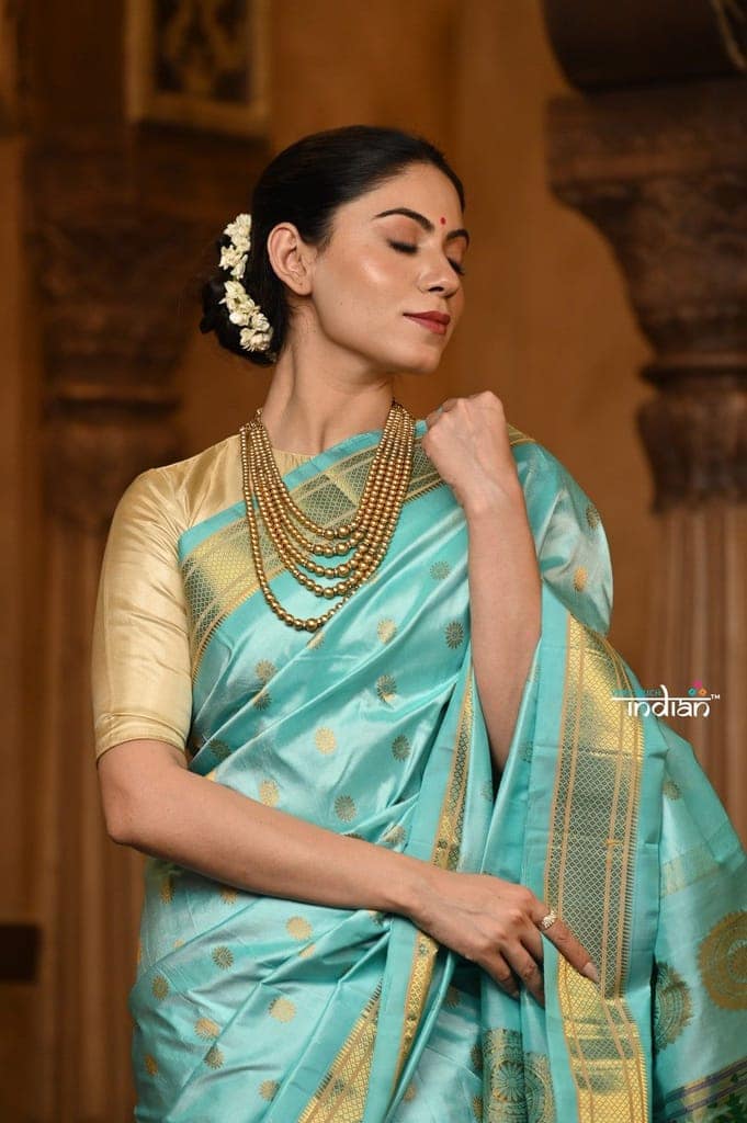Parampara Revival ~ Handloom Pure Silk Maharani Paithani with Majestic Maharani Pallu in Sea Green view 5