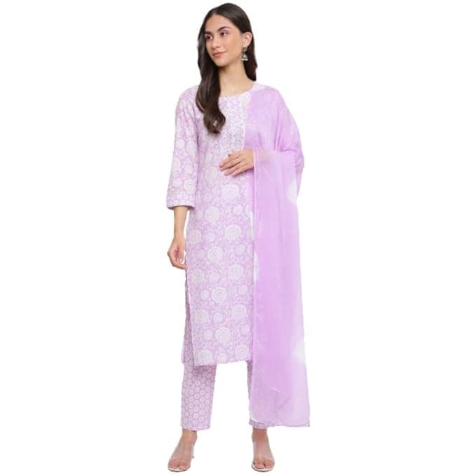INDIAN KNOTS-Women lavender and white Printed Pure Cotton Kurta with Palazzos & Dupatta_1101-DG005301