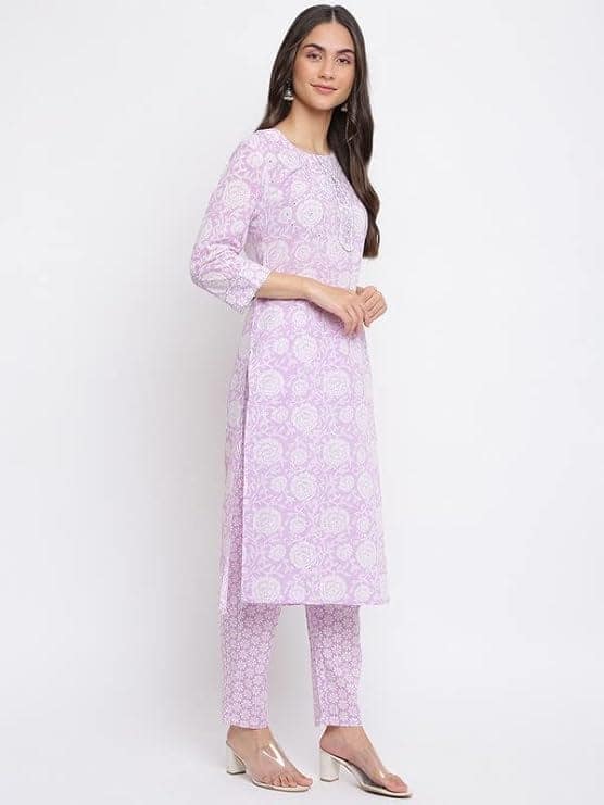 INDIAN KNOTS-Women lavender and white Printed Pure Cotton Kurta with Palazzos & Dupatta_1101-DG005301 view 5