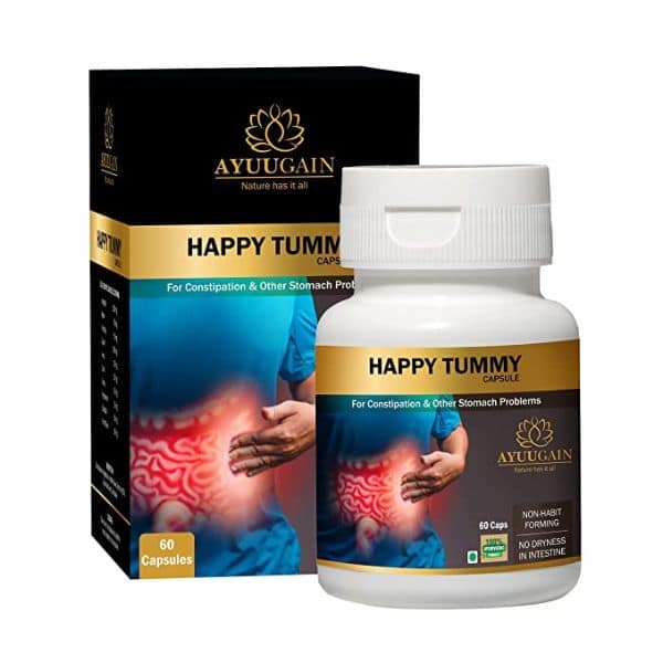 Ayuugain Happy Tummy , Constipation Medicine Ayurvedic with 10 Natural Herbs , 60 Veg Capsules