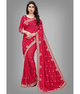 Om Shantam Sarees Silk Blend Embroidered Saree With Unstitched Blouse Piece ( Pink )