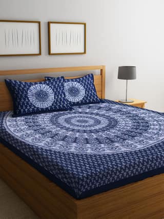 Lali Prints Blue White Printed Cotton 130 TC Queen Bedsheet With 2 Pillow Covers