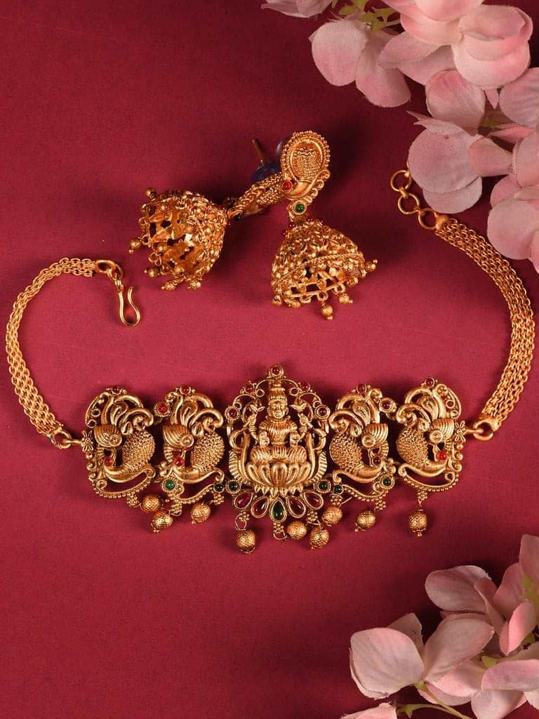Gold Plated Multi stone studded Handcrafted Exquisite Temple Lakshmi ji & Peacock Design Jewellery Set view 2