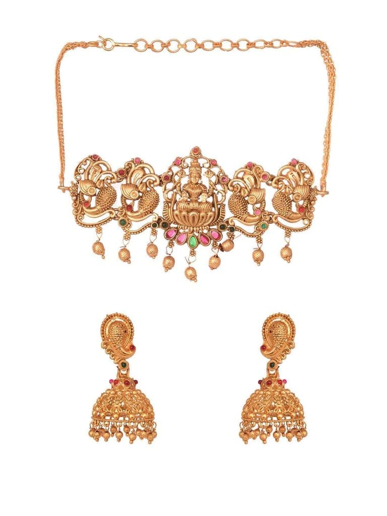 Gold Plated Multi stone studded Handcrafted Exquisite Temple Lakshmi ji & Peacock Design Jewellery Set view 3
