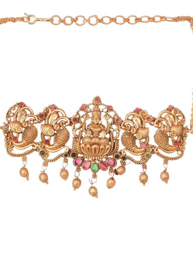 Gold Plated Multi stone studded Handcrafted Exquisite Temple Lakshmi ji & Peacock Design Jewellery Set view 5