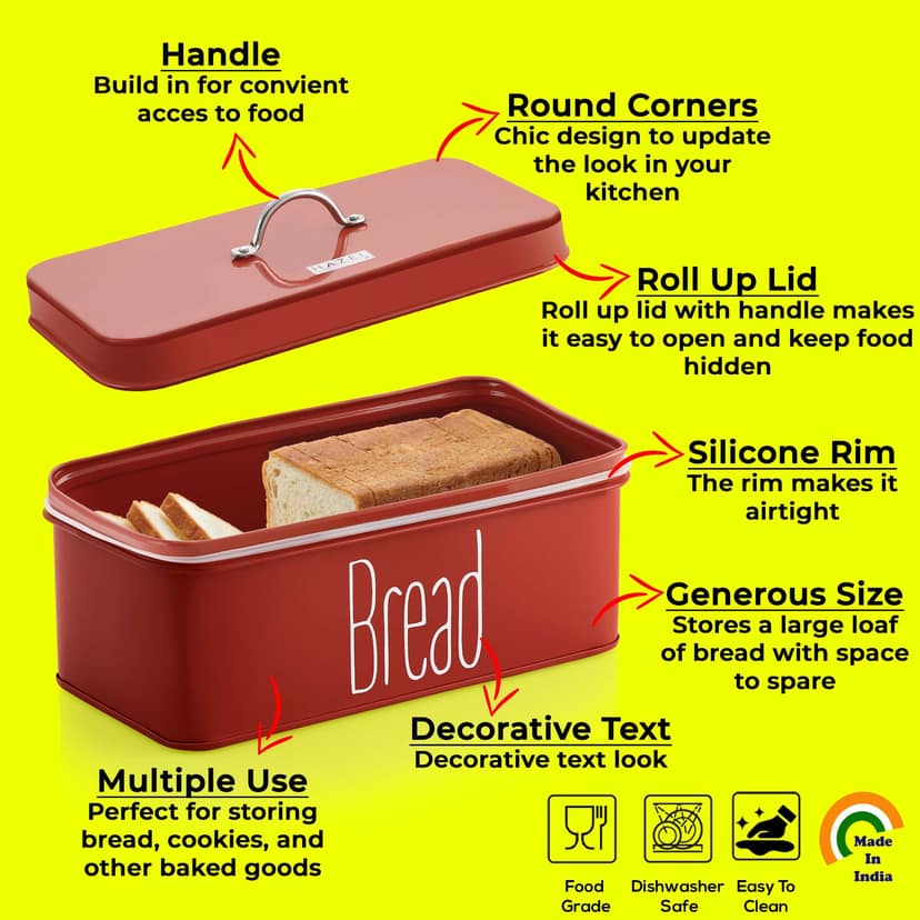 HAZEL Metal Bread Box with Handle Lid, 4100 ml Bread Storage Box for Kitchen , Bread Dispenser Box , Food Grade Storage Box for Kitchen (Red) view 3