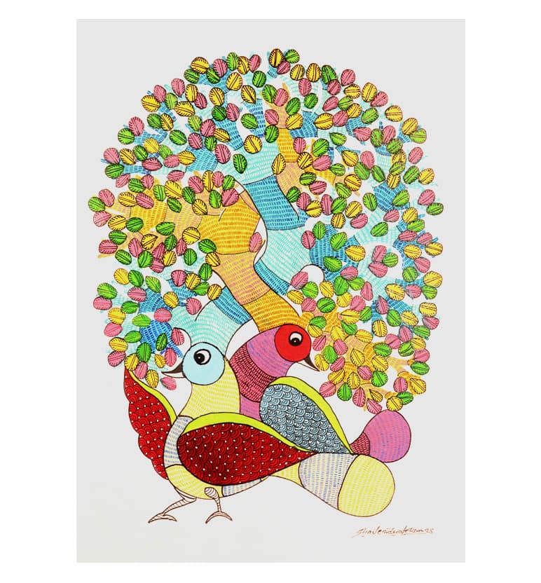 Handcrafted Gond Tree of Life with Birds – Tribal Folk Art Painting