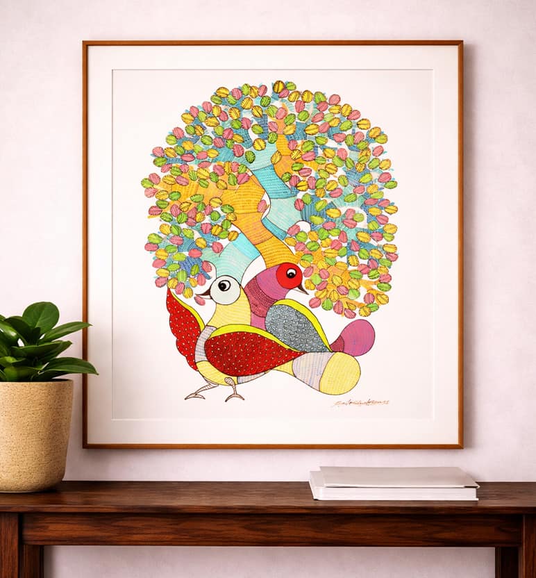 Handcrafted Gond Tree of Life with Birds – Tribal Folk Art Painting view 4