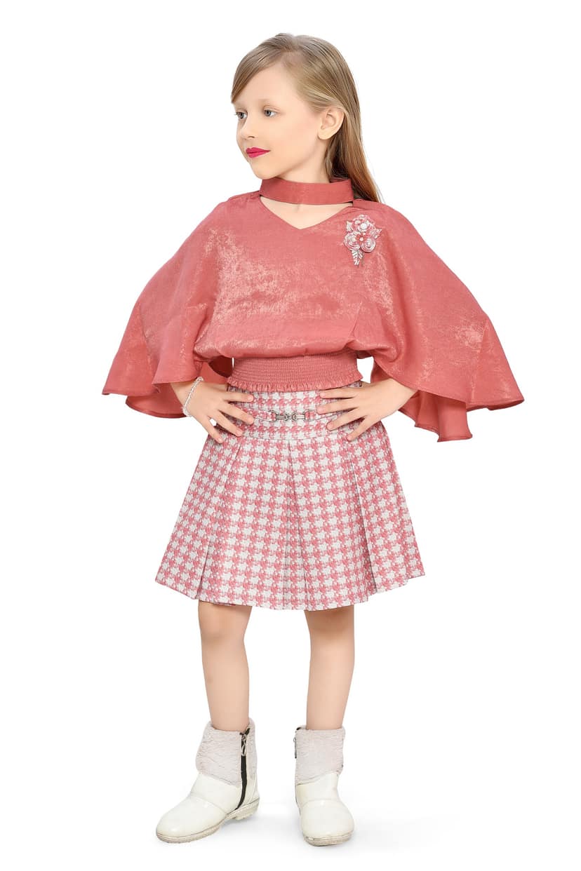 Be:kids Rust Autumn Charm Girls' Ensemble: Velvet Poncho Top and Houndstooth Pleated Skirt view 2