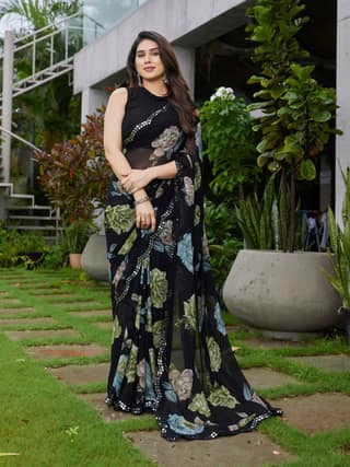 Floral Printed Georgette With Mirror Work Border