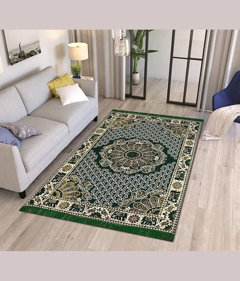 FURNISHING HUT Green Cotton Carpet Abstract 5x7 Ft