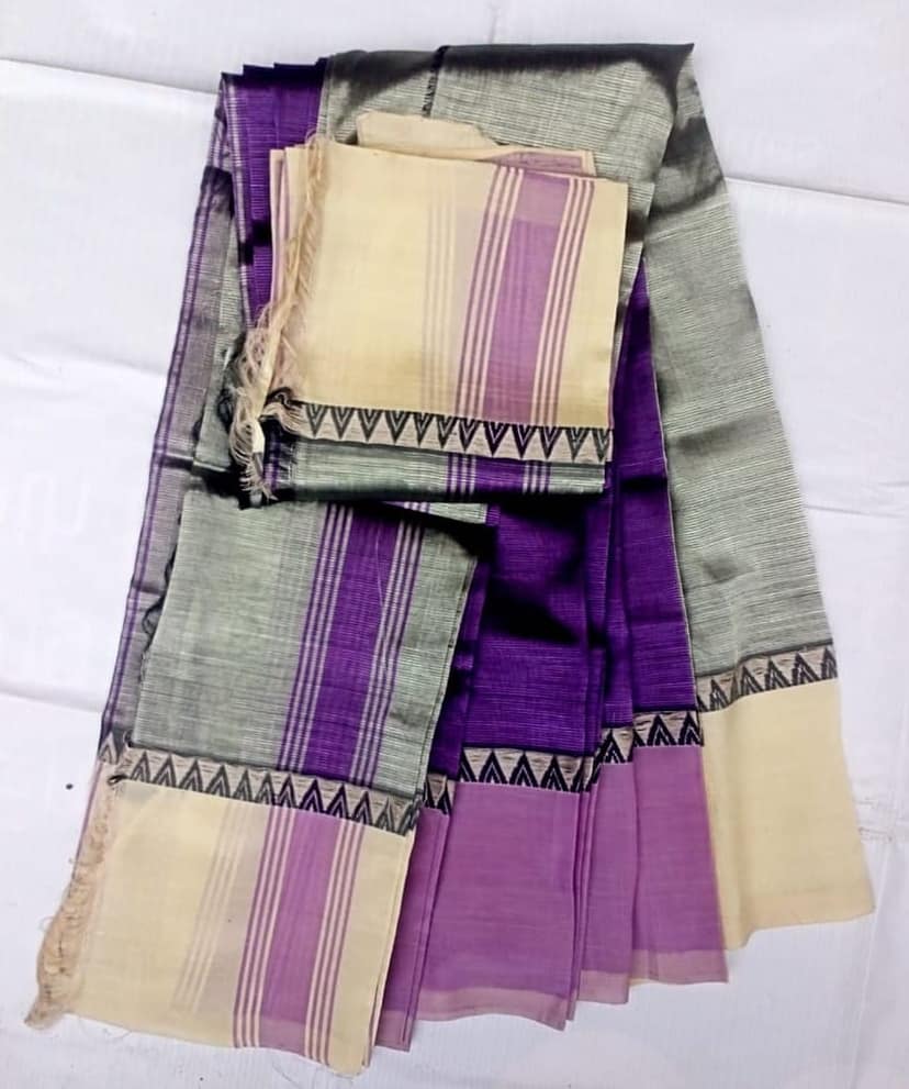 Green and Purple Striped Saree with Blouse Piece view 2