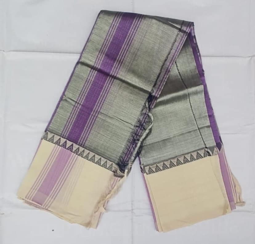 Green and Purple Striped Saree with Blouse Piece view 3