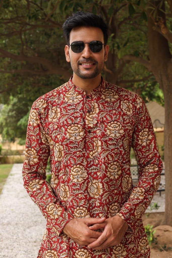 Cotton Designer Men'S Kurta Bagru Printed Hand Printed Red Color (Size: 38-44)-2273 view 2