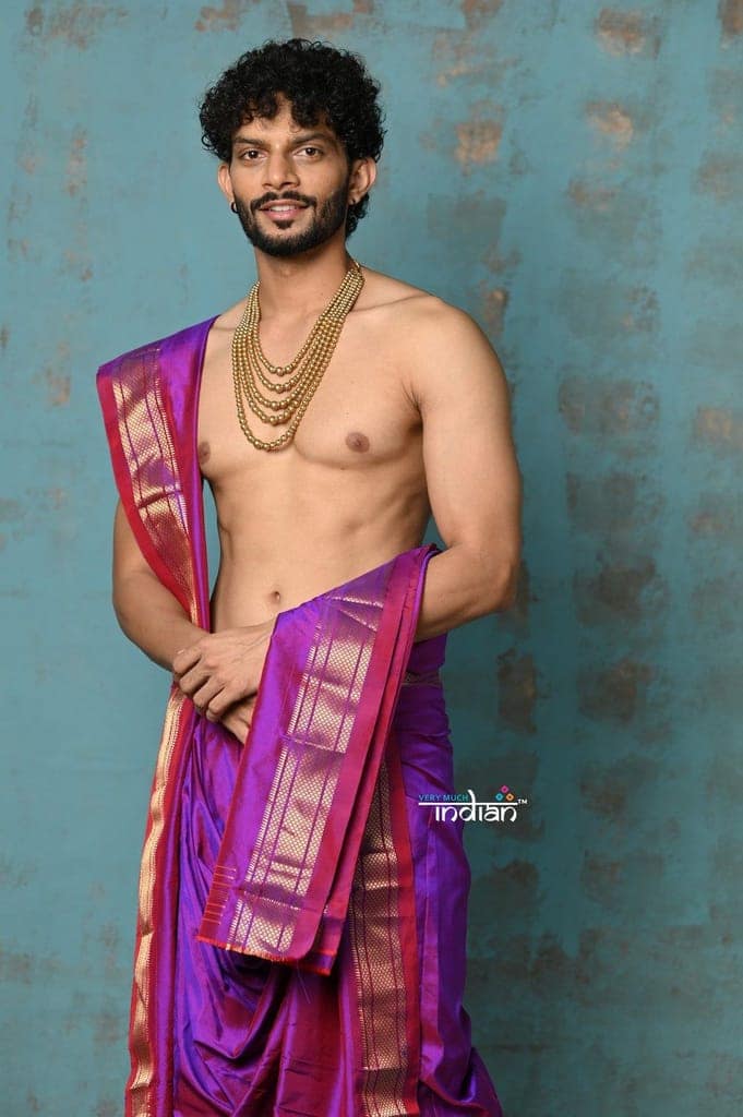 Ojas~ Dual Tone Pink Purple Paithani Dhoti and Angvastram(Shella) With Golden Borders view 2